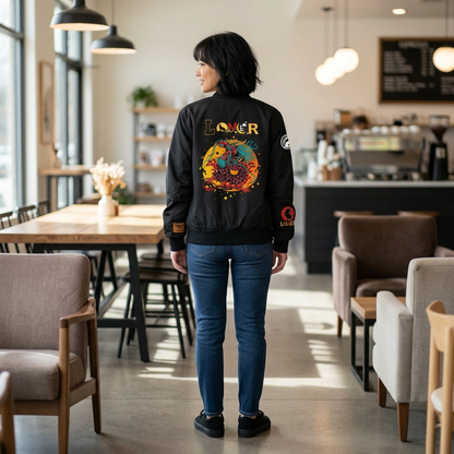 Dragon Graphic Women's Bomber Jacket, Mythical All Over Design, Zip Up