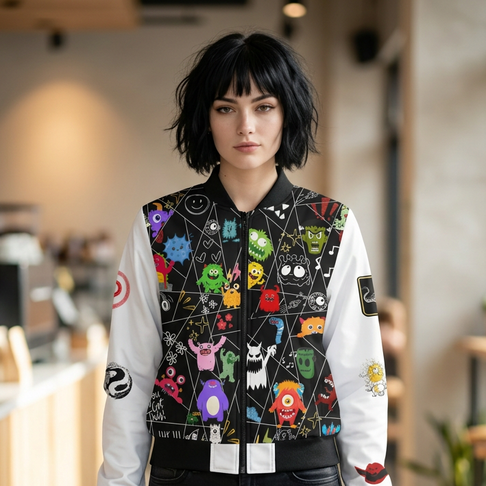 Women's Monster Pattern Bomber Jacket — Colorful Cartoon Creatures Printify