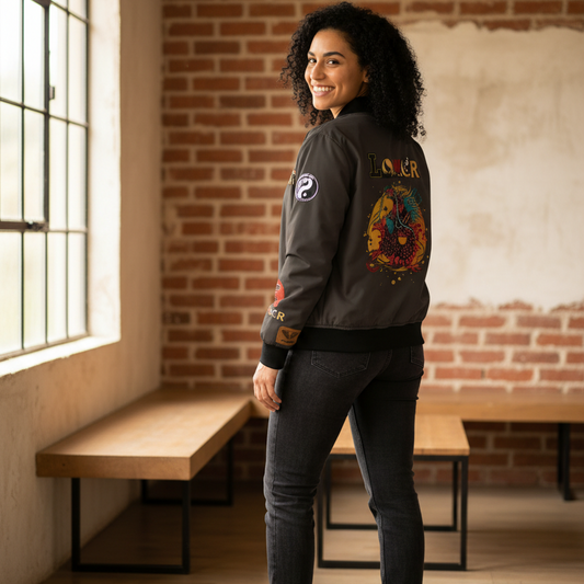 Women's Bomber Jacket, Mythical All Over Design, Zip Up Outerwear for Her, Lightweight Coat Gift, Stylish Ladies Fashion,