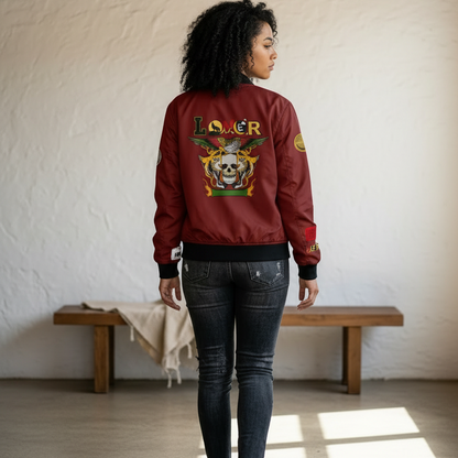 Skull Flames "Loner" Women's Bomber Jacket — Gothic Punk Graphic Outerwear