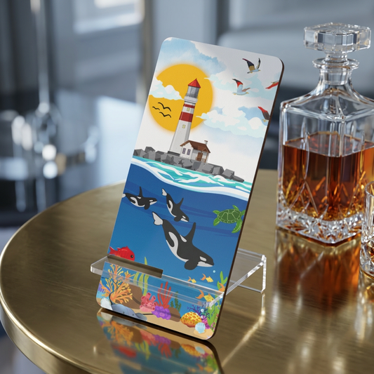 Phone Stand — Coastal Lighthouse & Orcas Mobile Display Stand Printify