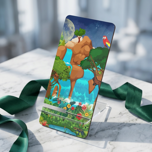 Tropical Waterfall Phone Stand — Colorful Parrot & Jungle Mobile Display Printify