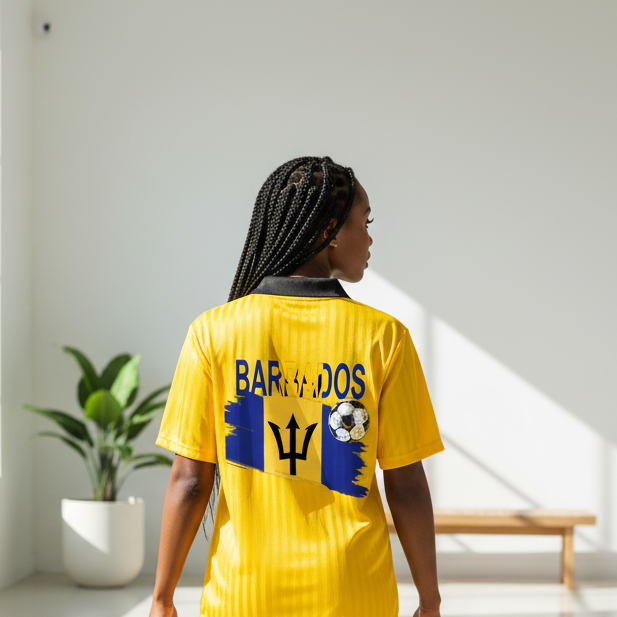 Barbados Flag Themed Contrast Collar Striped Soccer Jersey