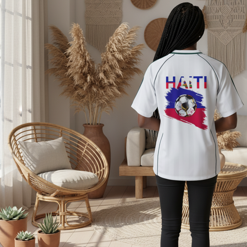 Unisex Haiti Flag Themed Graphic Shadow Stripe Collared Soccer Jersey