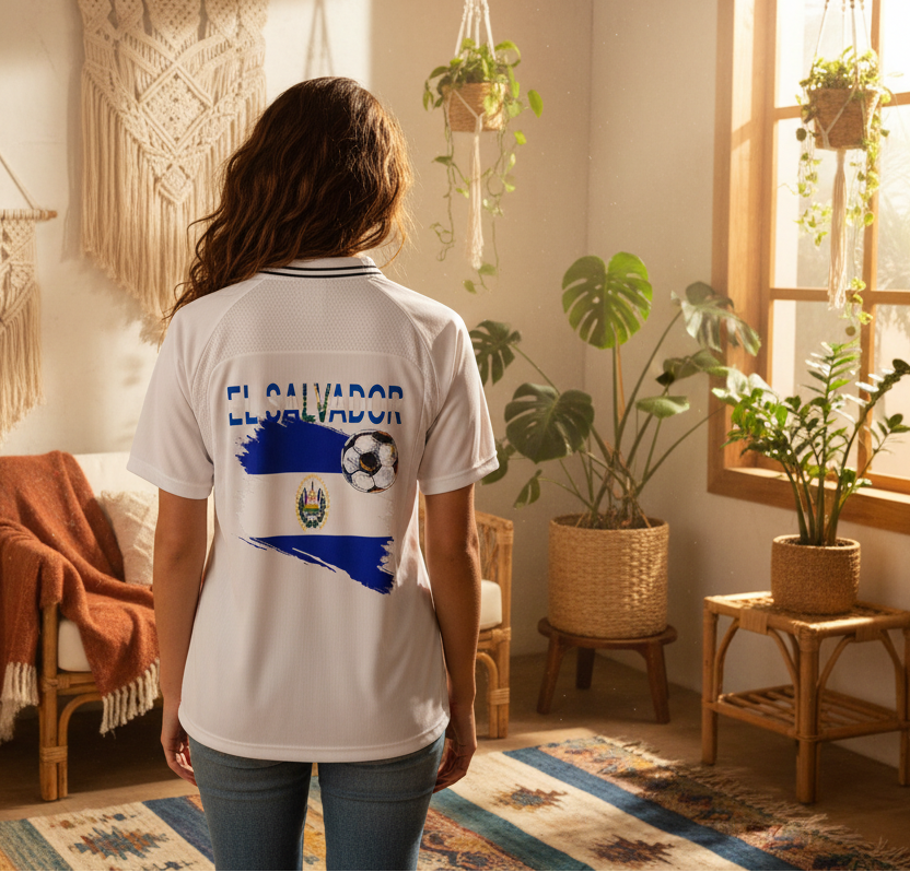El Salvador Flag Themed Striped V-Neck Soccer Unisex Jersey