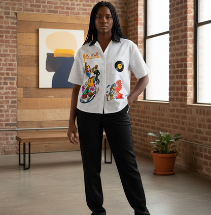 Jazz Musician Themed Graphic Unisex Striped Boxy Contrast Collar Shirt