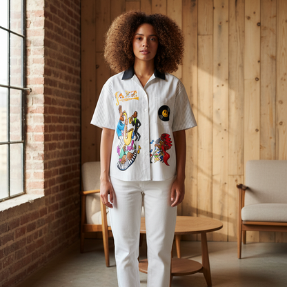 Jazz Musician Themed Graphic Unisex Striped Boxy Contrast Collar Shirt