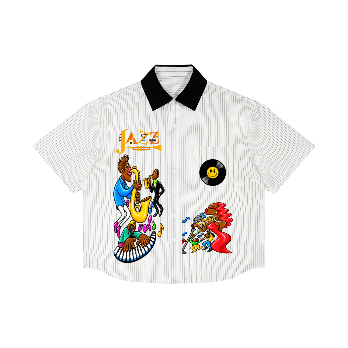 Jazz Musician Themed Graphic Unisex Striped Boxy Contrast Collar Shirt