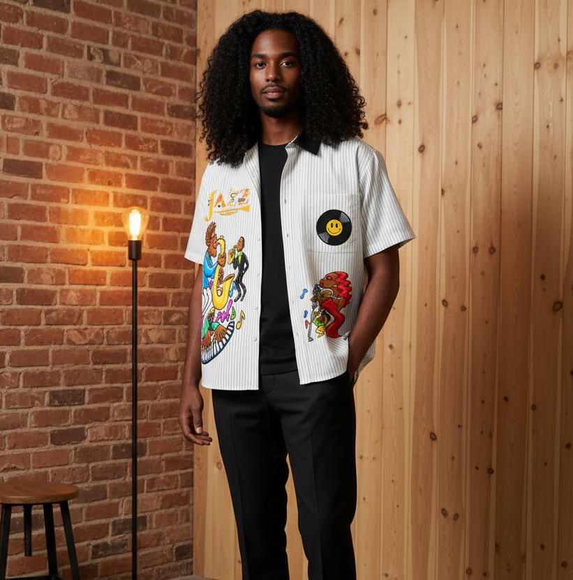 Jazz Musician Themed Graphic Unisex Striped Boxy Contrast Collar Shirt