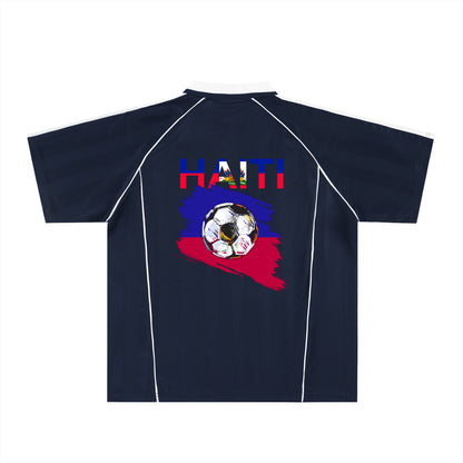 Unisex Haiti Flag Themed Graphic Shadow Stripe Collared Soccer Jersey