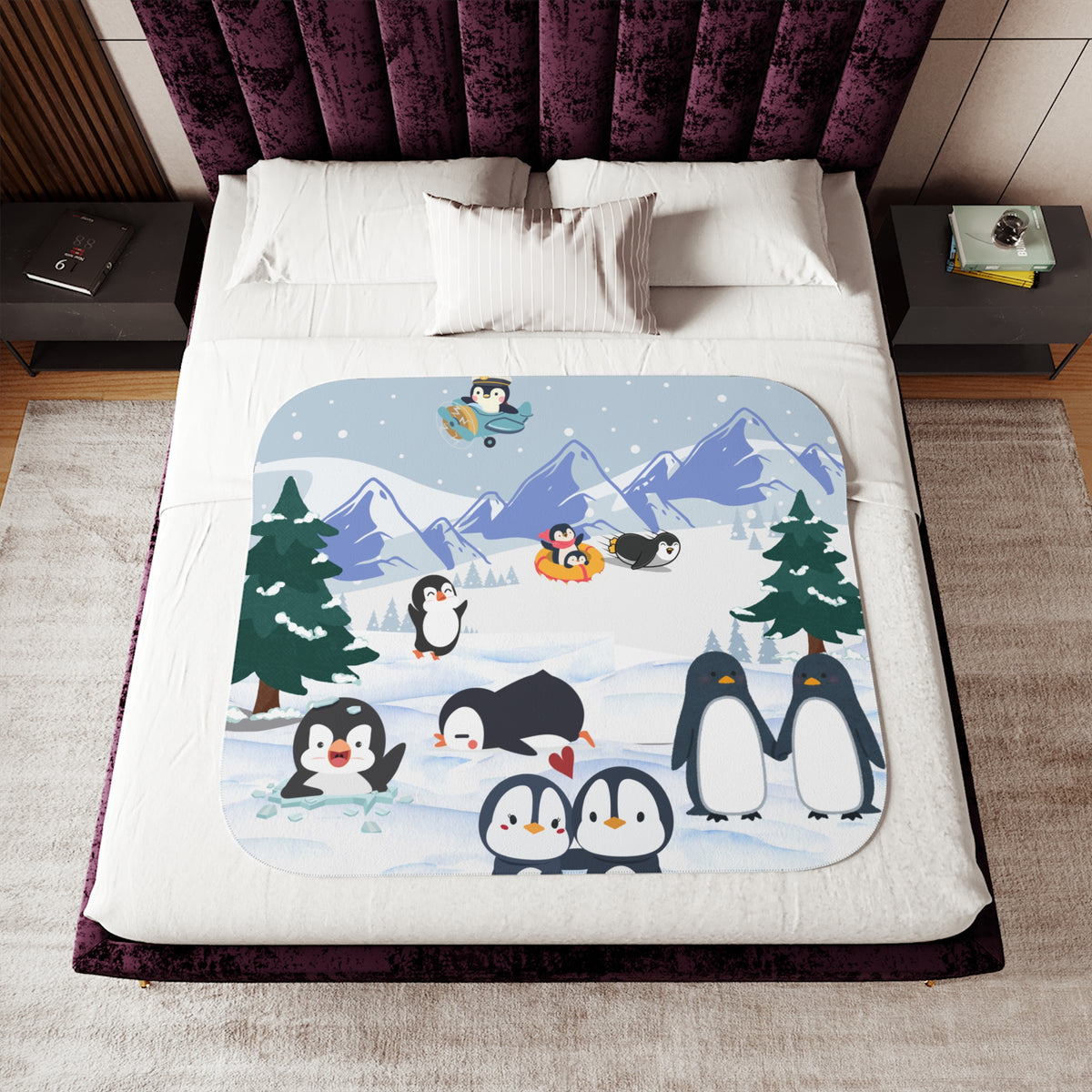 Cozy Sherpa Blanket with Fun Penguin Design | Warm Gift for Kids, Winter, Holiday, Home Decor, Snuggle Time Printify