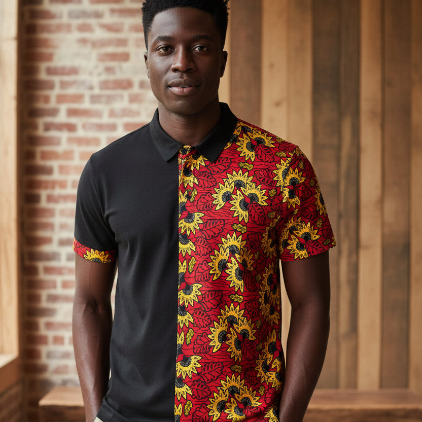 Wax Print Polo Shirt — Red & Yellow Sunflower Pattern