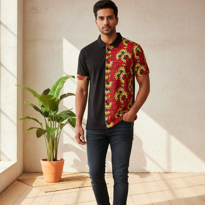 Wax Print Polo Shirt — Red & Yellow Sunflower Pattern