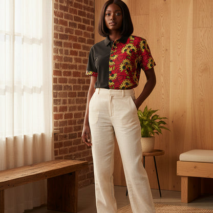 Wax Print Polo Shirt — Red & Yellow Sunflower Pattern