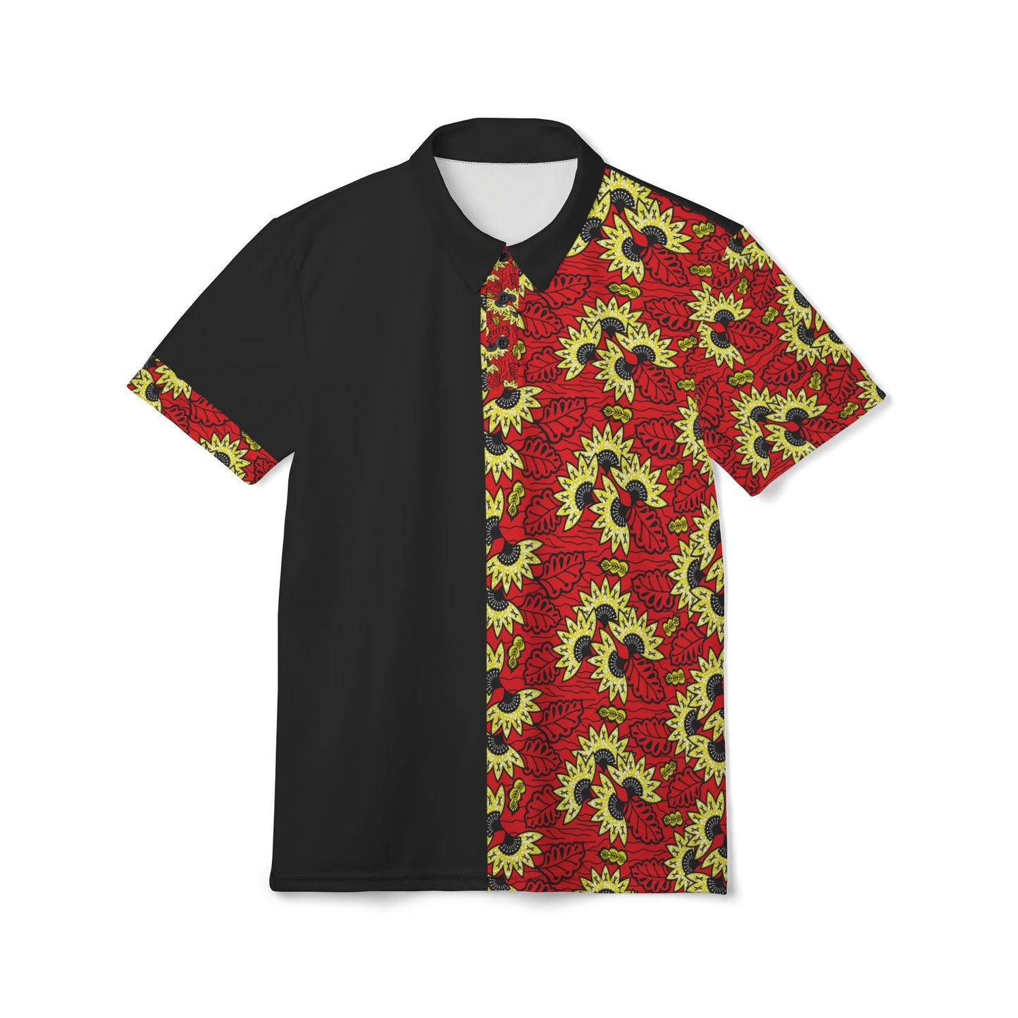 Wax Print Polo Shirt — Red & Yellow Sunflower Pattern