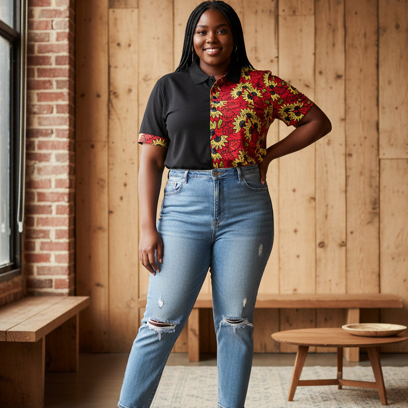 Wax Print Polo Shirt — Red & Yellow Sunflower Pattern