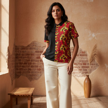Wax Print Polo Shirt — Red & Yellow Sunflower Pattern