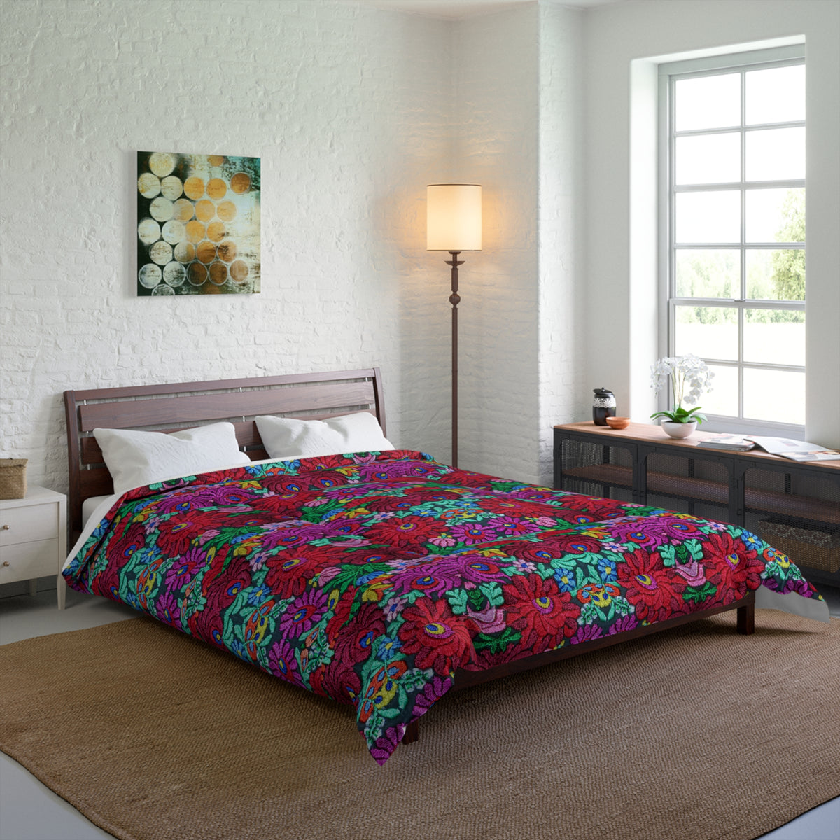 Floral Bohemian Comforter — Vibrant Red & Teal Patterned Bedding Printify