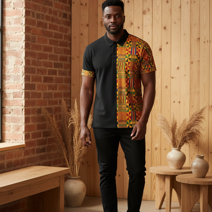 Half Kente Print Polo Shirt — African Heritage Pattern Polo