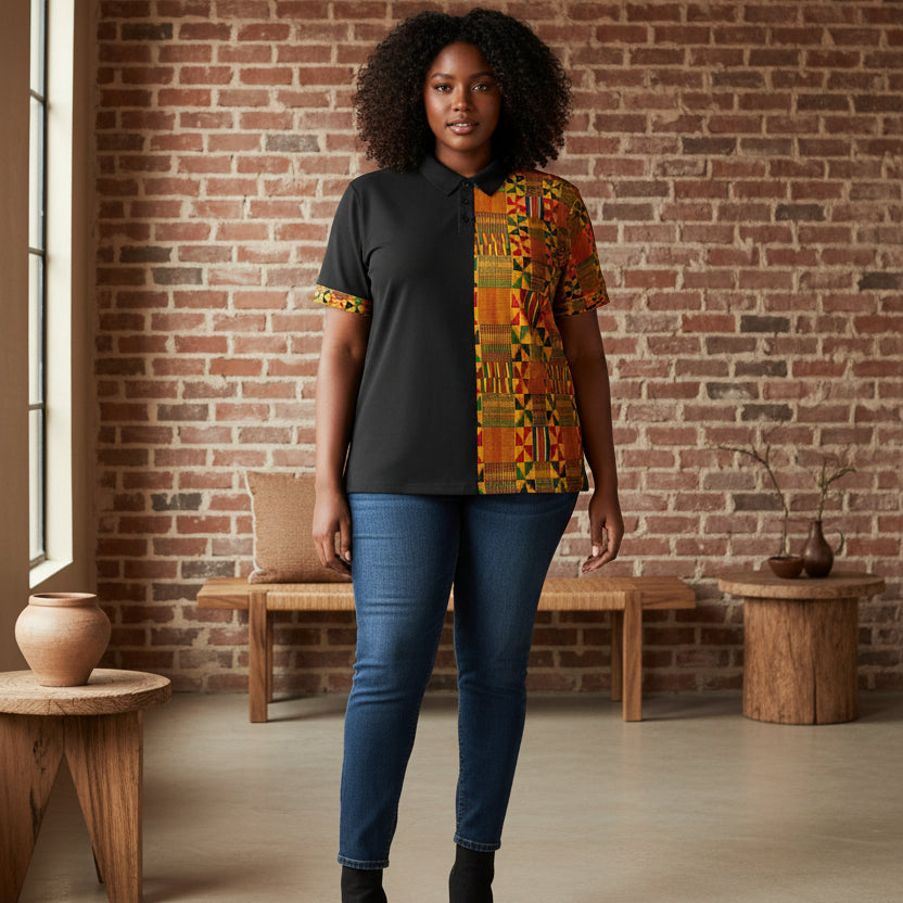 Half Kente Print Polo Shirt — African Heritage Pattern Polo
