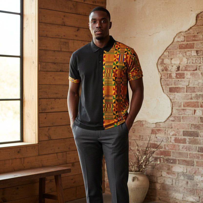 Half Kente Print Polo Shirt — African Heritage Pattern Polo