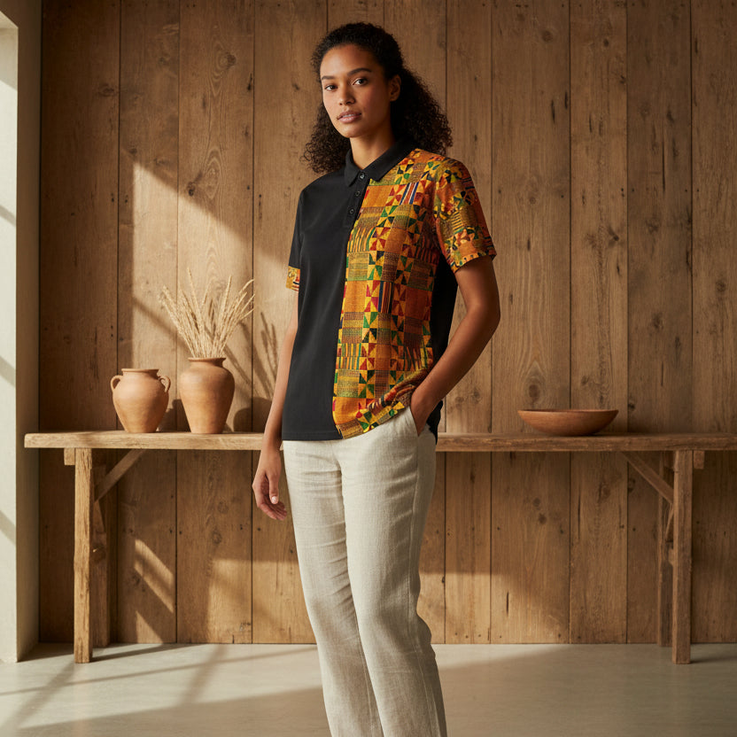 Half Kente Print Polo Shirt — African Heritage Pattern Polo