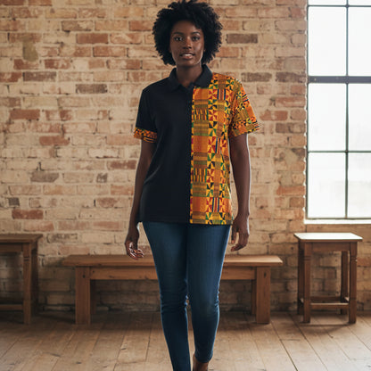 Half Kente Print Polo Shirt — African Heritage Pattern Polo