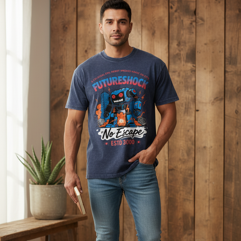 Future Robot Dystopia Graphic Snow Washed Oversized Cotton Unisex T-Shirt