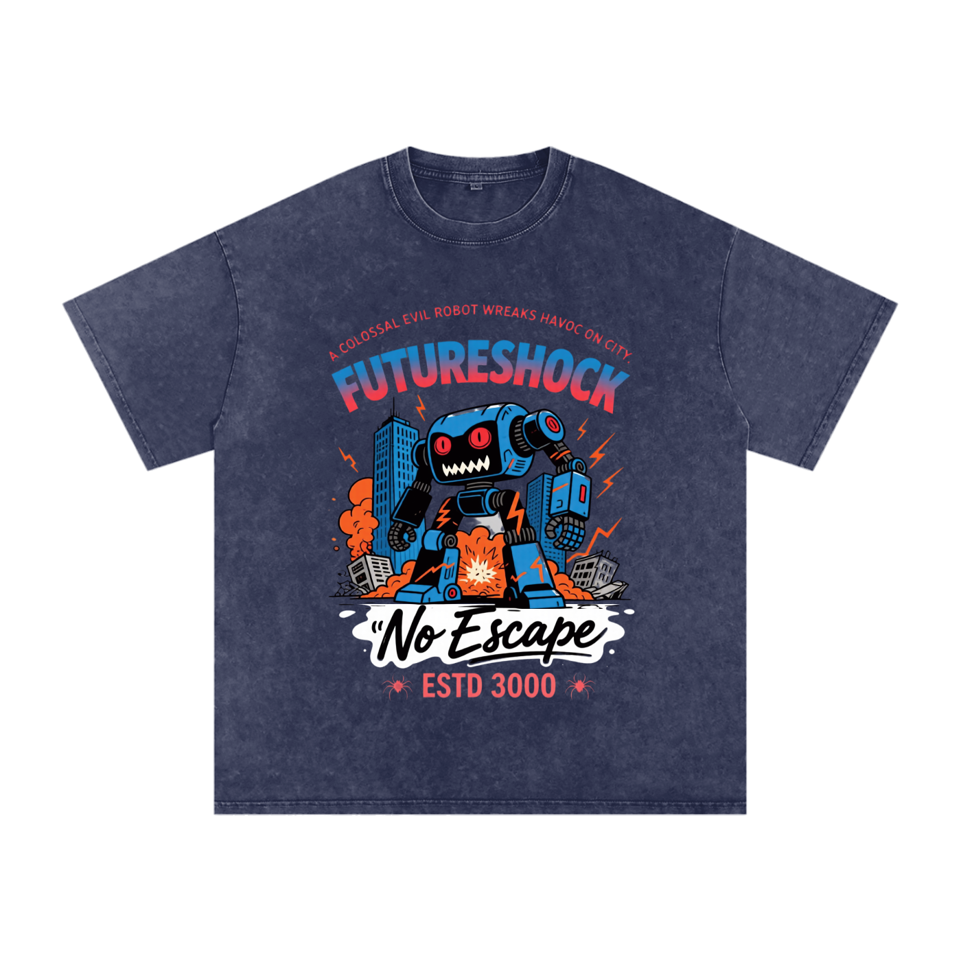 Future Robot Dystopia Graphic Snow Washed Oversized Cotton Unisex T-Shirt
