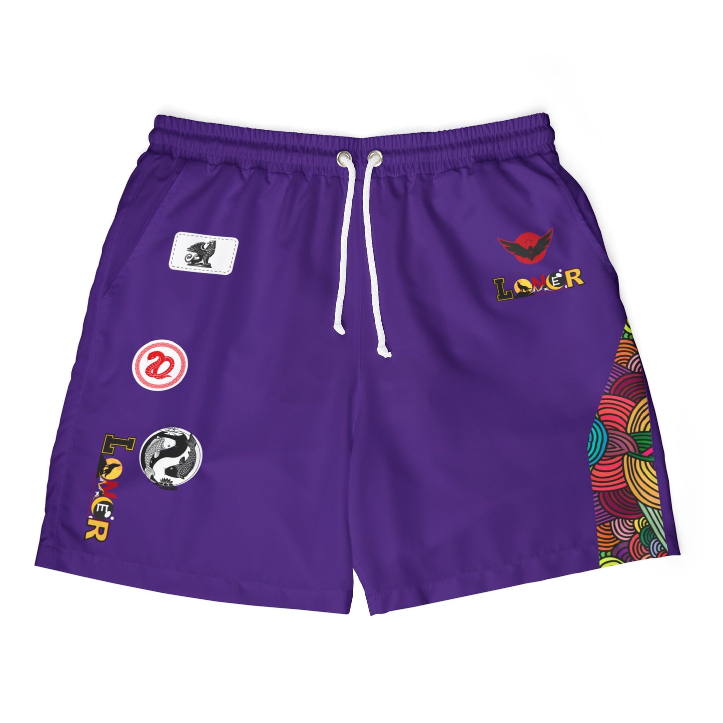 Badged Graphic Swim Shorts, Unisex Beachwear, Summer Essentials, Pool Party Attire