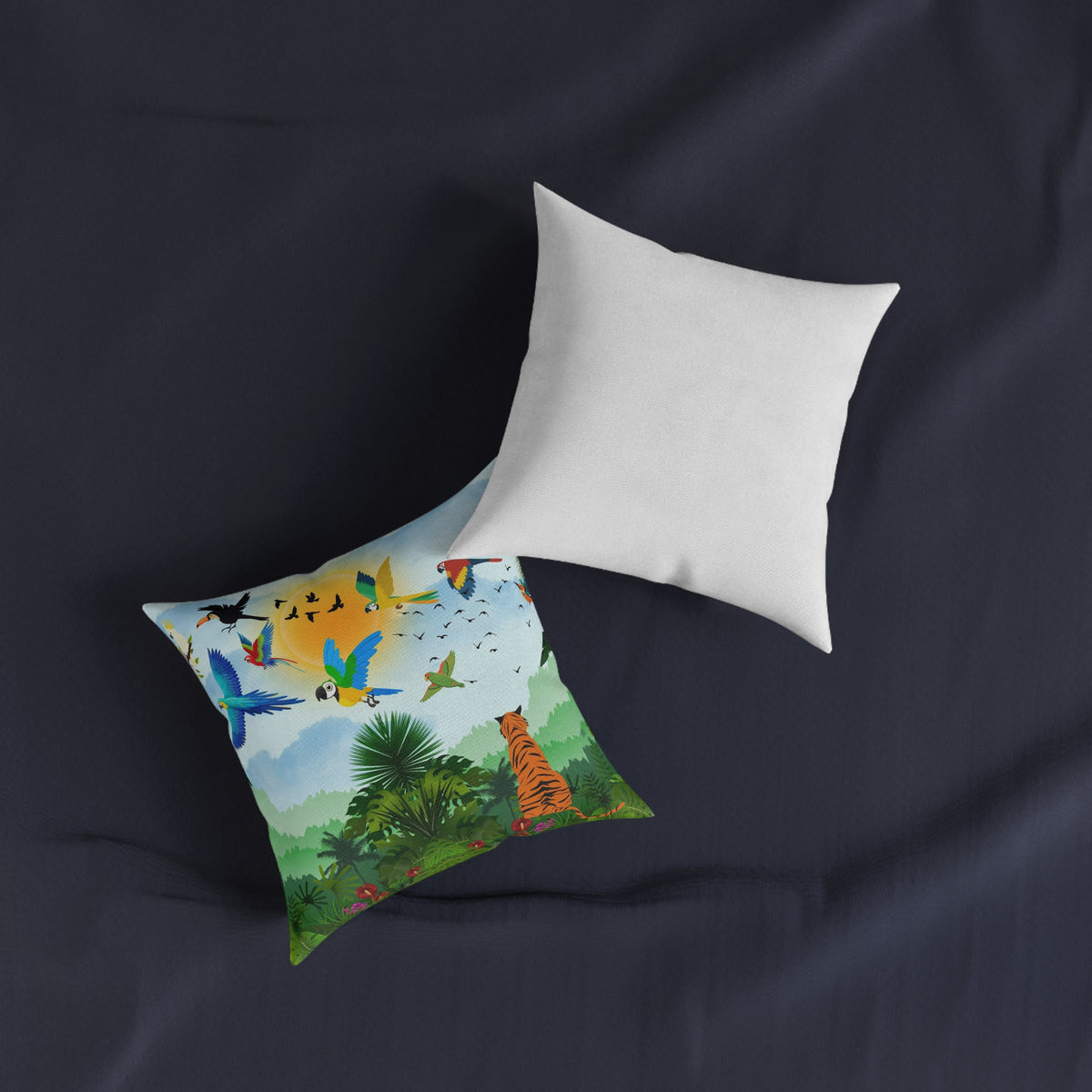 Tropical Jungle Square Pillow — Colorful Parrots & Tiger Decorative Throw Pillow Printify