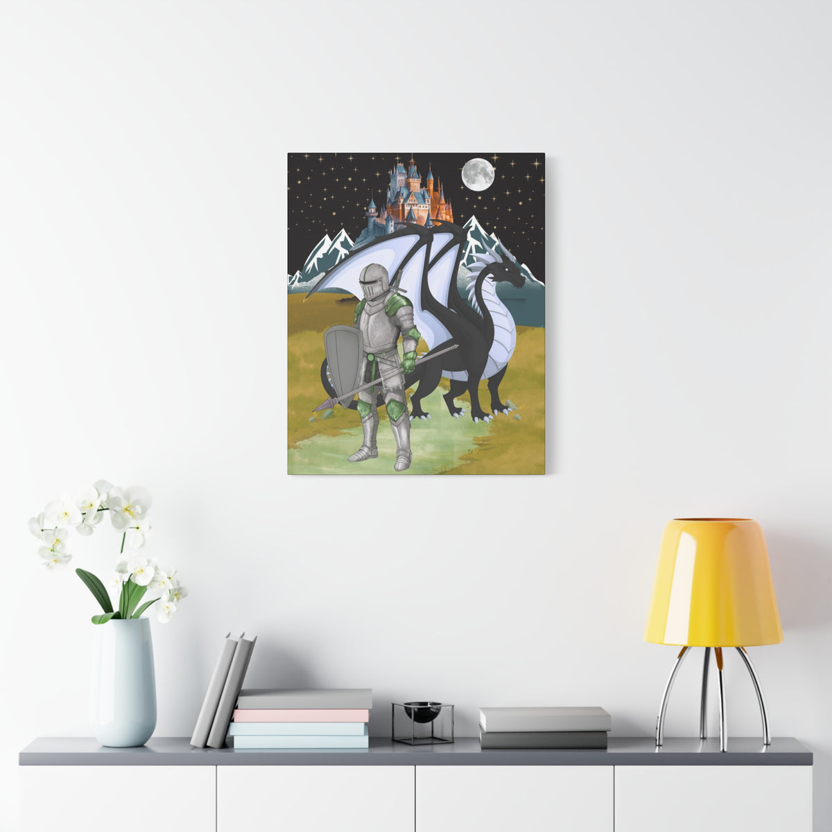Medieval Knight & Dragon Castle Night Matte Stretched Canvas Printify