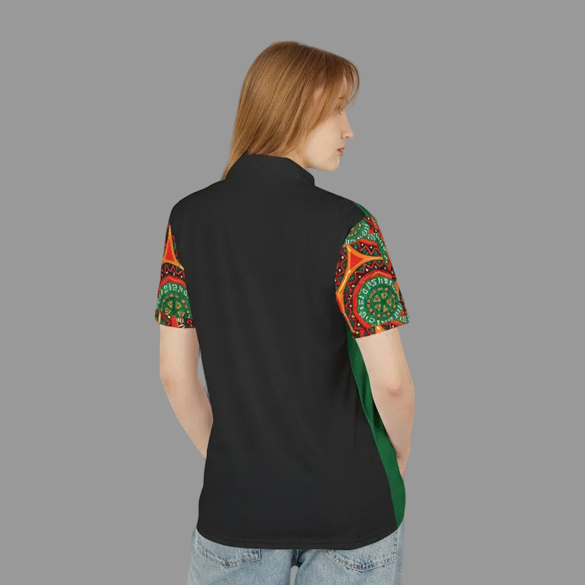 African Mandala Print, Unisex Polo Shirt — Bold Orange & Green Tribal Pattern