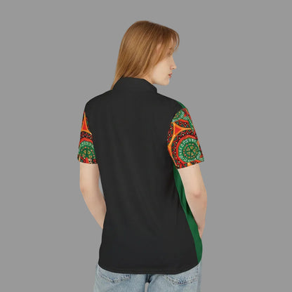 African Mandala Print, Unisex Polo Shirt — Bold Orange & Green Tribal Pattern