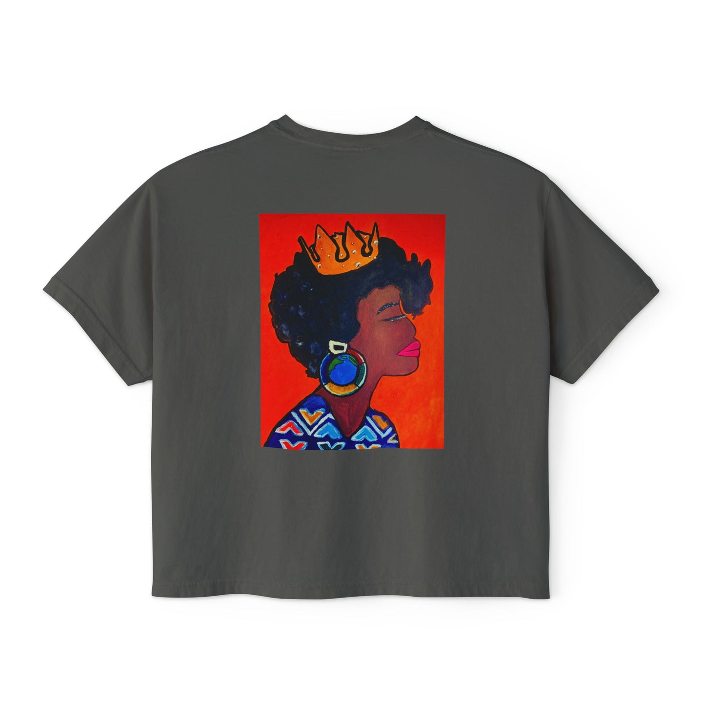Crowned Black Woman Art Graphic T-Shirt, Afrocentric Women's Boxy Tee