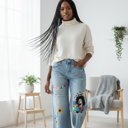 Colorful Graffiti Afro Music Themed Graphic Women's Vintage Wash Distressed Wide Leg Jeans
