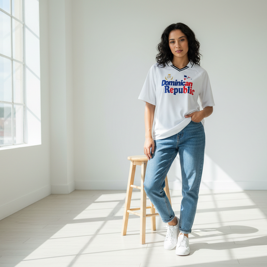Dominican Republic Flag Themed Graphic Striped V-Neck Soccer Unisex Jersey