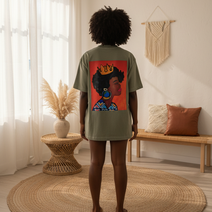 Crowned Black Woman Art Graphic Vintage Wash Drop Shoulder T-shirt