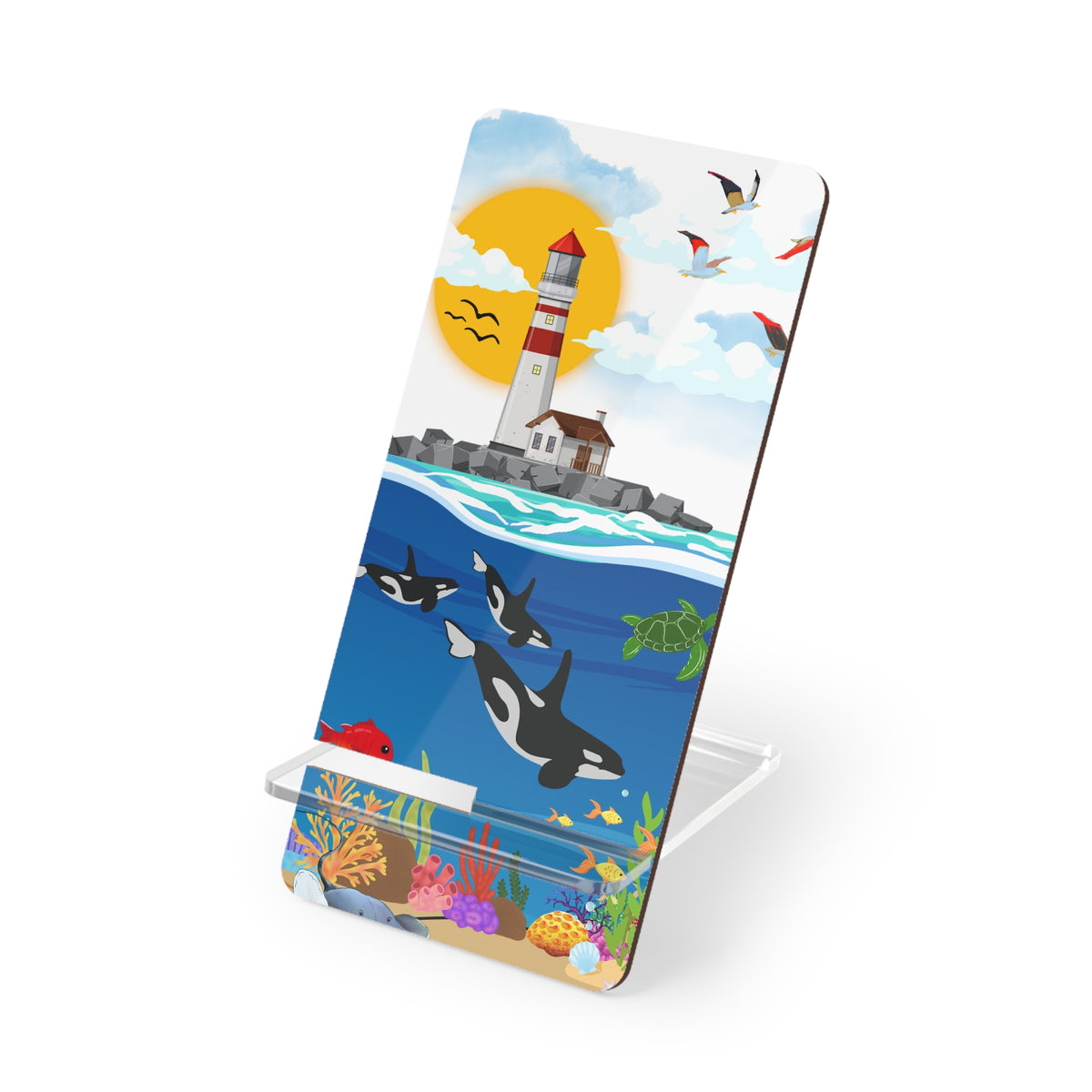 Phone Stand — Coastal Lighthouse & Orcas Mobile Display Stand Printify