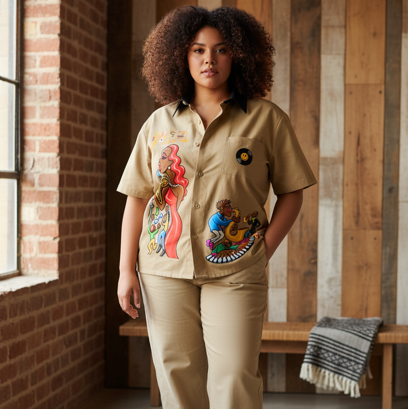 Afro Singer, Jazz Music Themed Graphic Unisex Color Block Short Sleeve Shirt