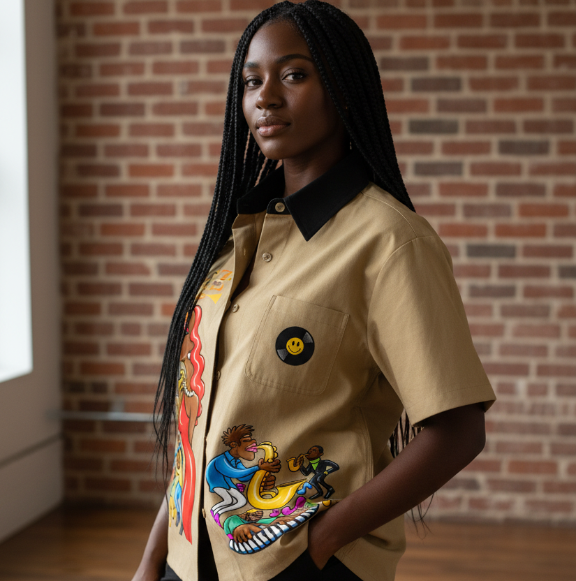 Afro Singer, Jazz Music Themed Graphic Unisex Color Block Short Sleeve Shirt