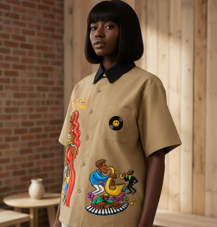 Afro Singer, Jazz Music Themed Graphic Unisex Color Block Short Sleeve Shirt