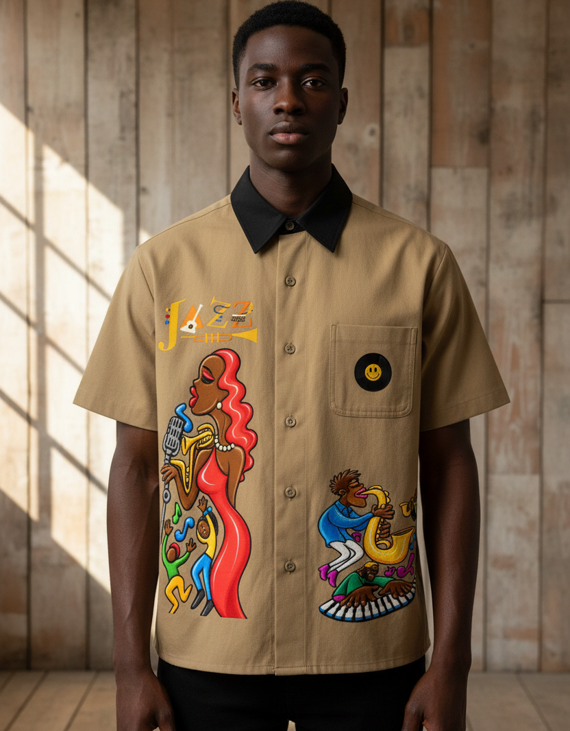 Afro Singer, Jazz Music Themed Graphic Unisex Color Block Short Sleeve Shirt