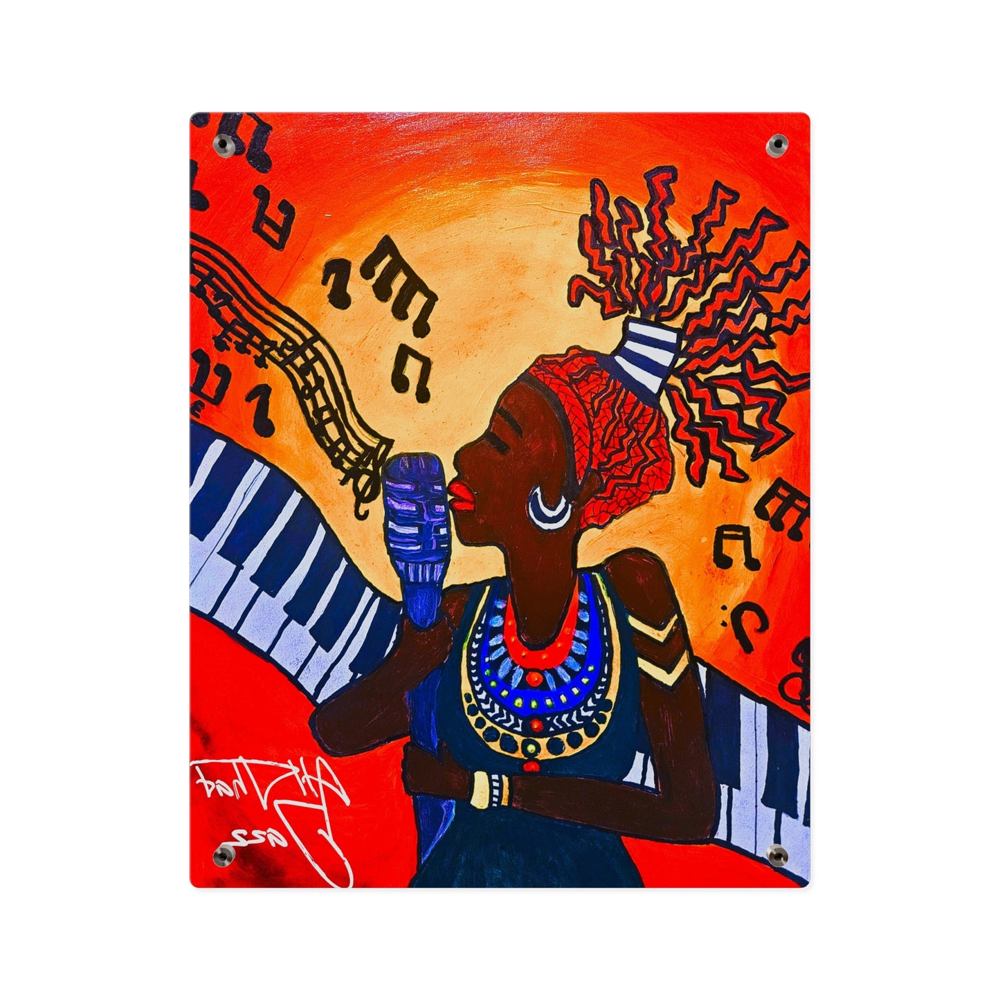 Acrylic Wall Art Panel — Vibrant Jazz Singer Illustration (Colorful Music Notes, Bold Afrocentric Art)