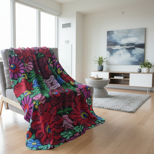 Vibrant Floral Mosaic Sherpa Blanket — Plush Fleece Throw