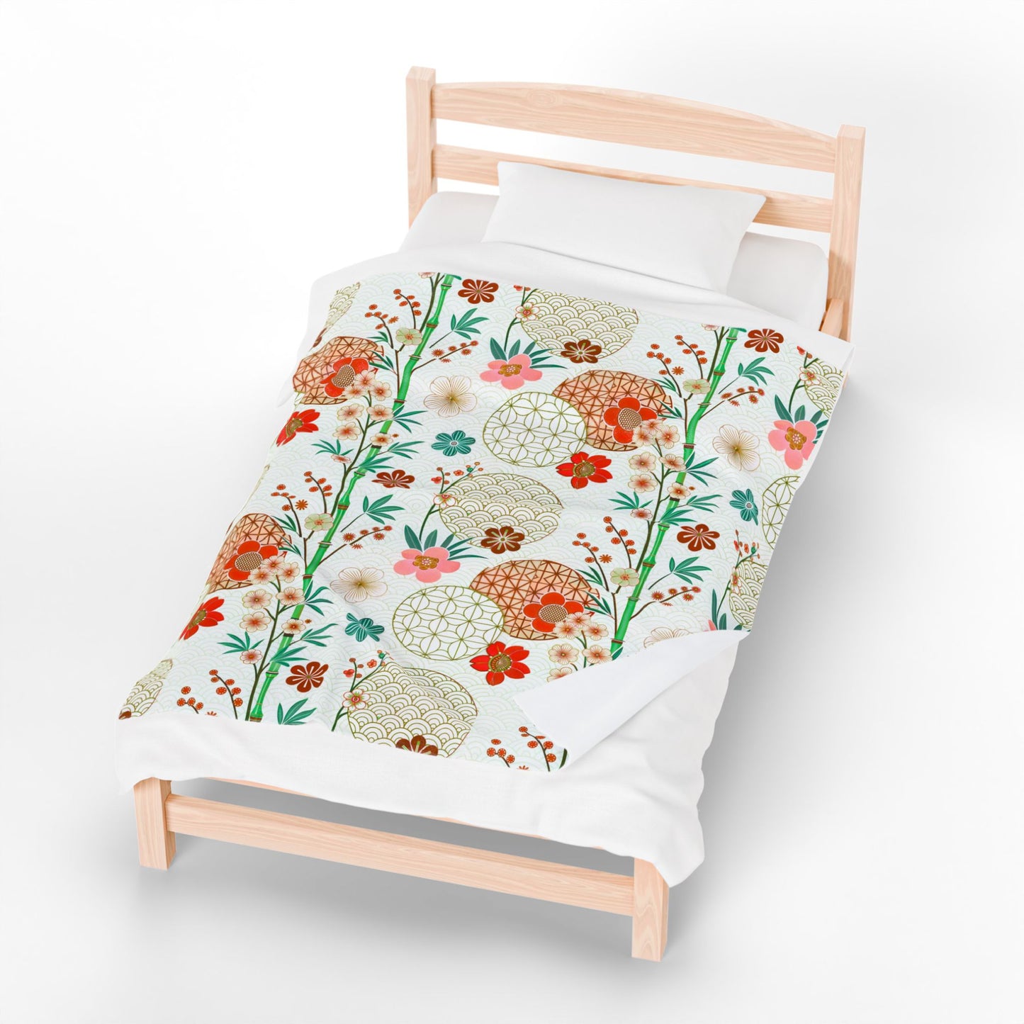 Floral Japanese Circle Velveteen Plush Blanket — Soft Retro Blossom Throw
