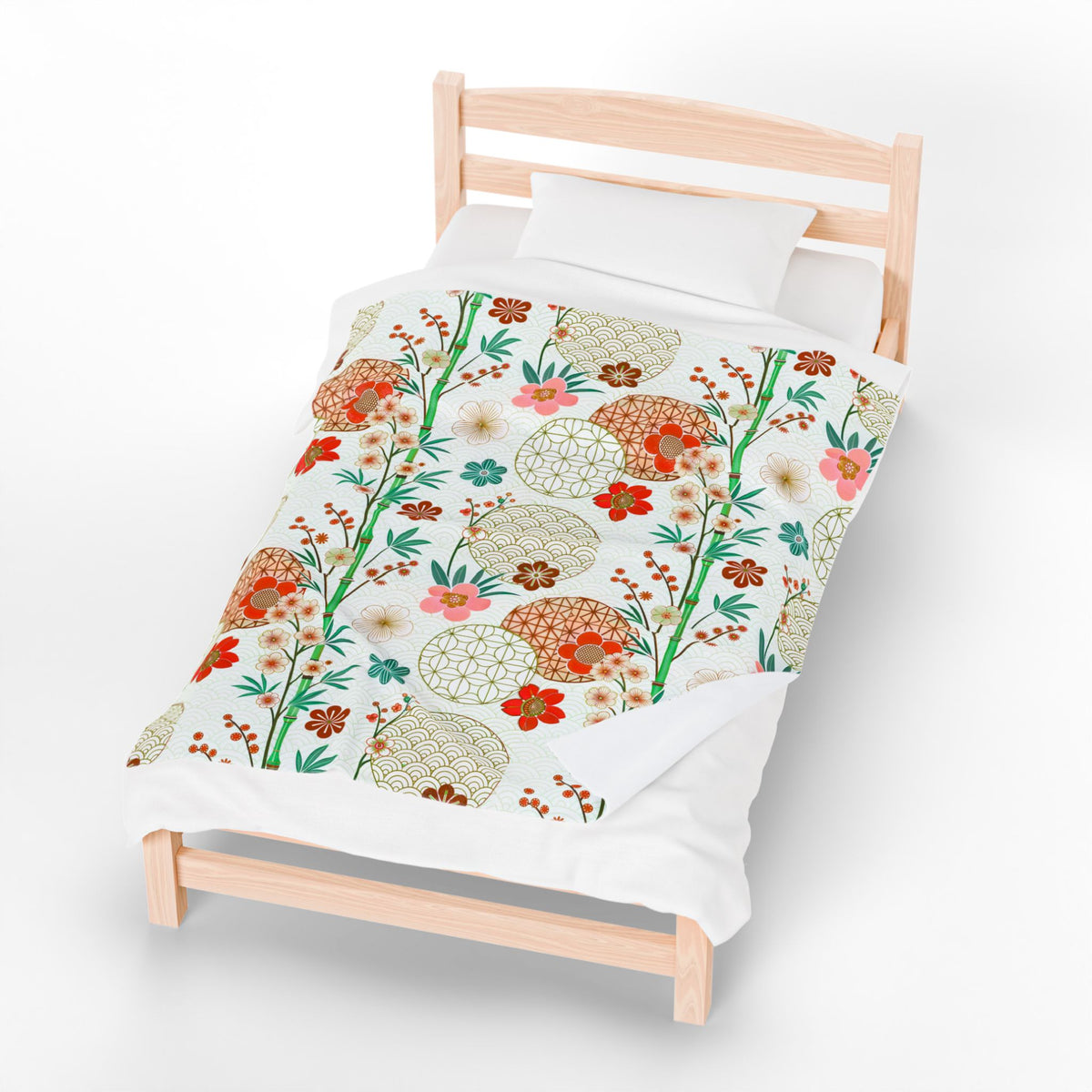 Floral Japanese Circle Velveteen Plush Blanket — Soft Retro Blossom Throw Printify
