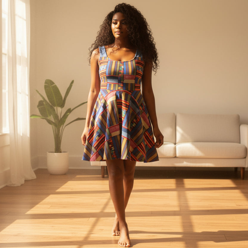 Womens Skater Dress — Colorful Geometric Patchwork Print Printify
