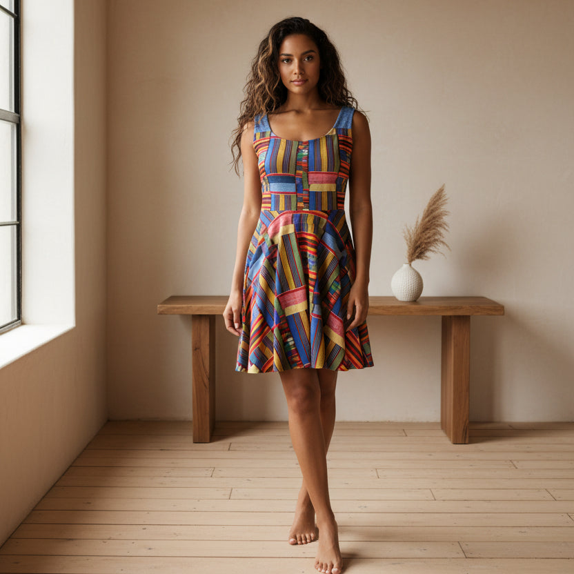 Womens Skater Dress — Colorful Geometric Patchwork Print Printify