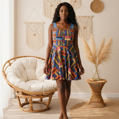 Womens Skater Dress — Colorful Geometric Patchwork Print